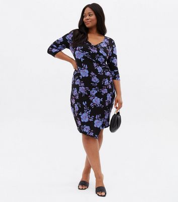 Blue Vanilla Curves Blue Floral Ruched Wrap Dress | New Look
